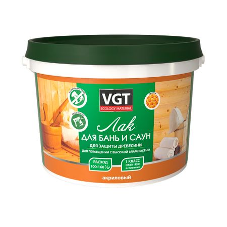 Лак ВГТ для бань и саун акриловый бесцветный 9 кг