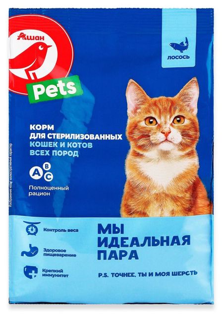 Сухой корм для стерилизованных кошек и кастрированных котов АШАН Красная птица с лососем, 350 г