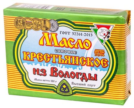 Масло сливочное Из Вологды Крестьянское 72,5% БЗМЖ, 180 г
