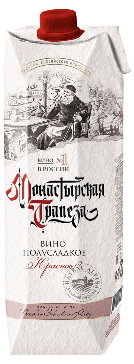 Вино Монастырская трапеза столовое красное полусладкое Россия, 1 л
