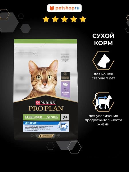 Сухие корма PRO PLAN® Сухой корм для стерилизованных кошек старше 7 лет, с индейкой, Sterilised LONGEVIS® (400 г)