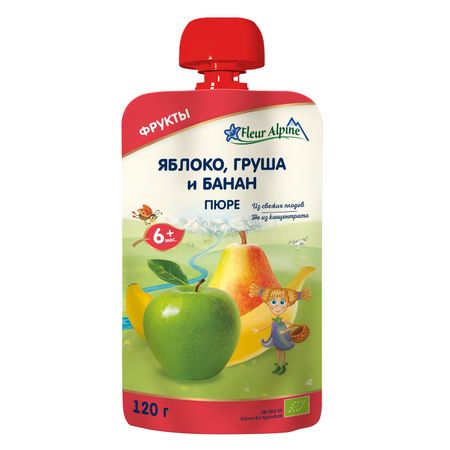 Пюре детское Fleur Alpine ЯБЛОКО, ГРУША И БАНАН, с 6 месяцев, 120 г siberian nutrogunz протеин multi protein вкус банан 0 75 кг сухая смесь