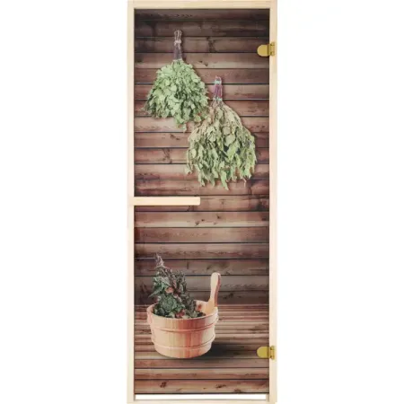 Дверь для сауны стеклянная бронза Веники 69x189 см двусторонняя