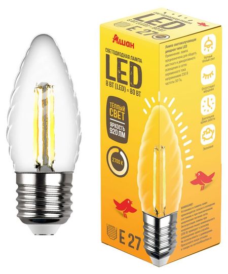 Лампа филаментная АШАН Красная птица Свеча на ветру Е27 теплый свет, 8 Вт