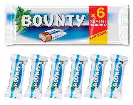 Батончик шоколадный Bounty с нежной мякотью кокоса, 6 шт x 27,5 г
