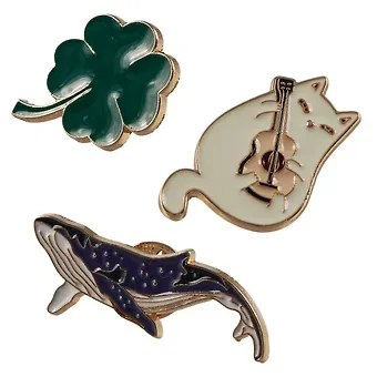 Набор металлических значков (3шт.) (Значок Pin Joy Клевер Значок Pin Joy Кит Значок Pin Joy Котик с гитарой) (металл)