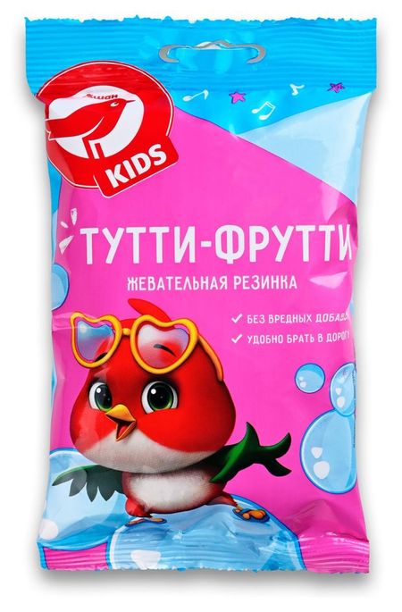 Жевательная резинка АШАН Красная птица Kids с ароматом Тутти фрутти, 48 г