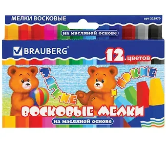 Мелки восковые 12цв утолщенные, масл.основа, яркие цвета, BRAUBERG