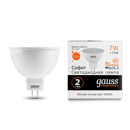 Gauss LED Elementary MR16 GU5.3 7W 3000K 1/10/100 лампа gauss elementary 3 5вт gu5 3 led 290лм 3000k mr16 спот