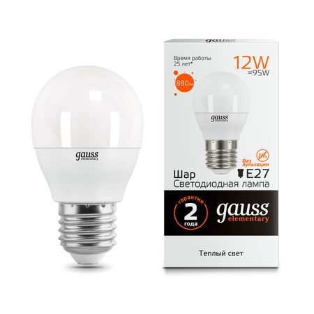 Лампа Gauss LED Elementary Шар 12W 880lm E27 3000K 1/10/100 лампа gauss elementary 7вт gu5 3 led 530лм 3000k спот