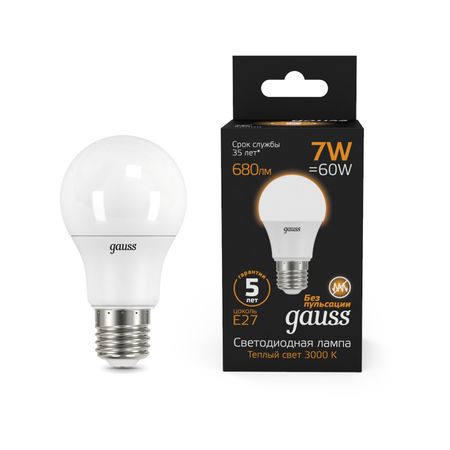 Лампа Gauss LED A60 E27 7W 680lm 3000K 1/10/50