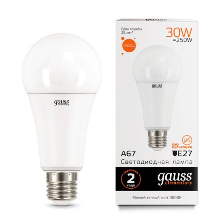 Лампа Gauss LED Elementary A67 30W E27 2320lm 3000K 1/10/50 лампа gauss elementary 7вт gu5 3 led 530лм 3000k спот