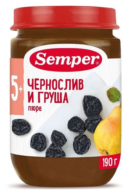 Пюре фруктовое Semper чернослив и груша с 5 мес., 190 г