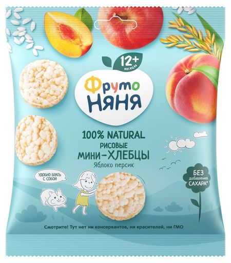 Мини-хлебцы рисовые ФрутоНяня с яблоком персиком и пребиотиком, 30 г