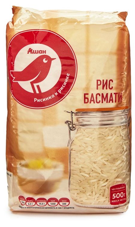 Рис белый АШАН Красная птица Басмати Пакистан, 500 г