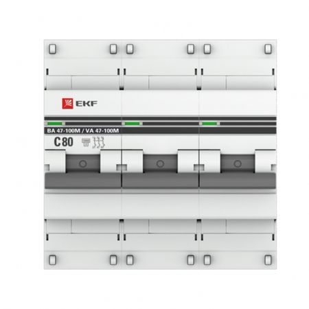 Автоматический выключатель модульный EKF PROxima ВА 47-100M 3P 80А тип C 10 кА 400 В (mcb47100m-3-80C-pro)