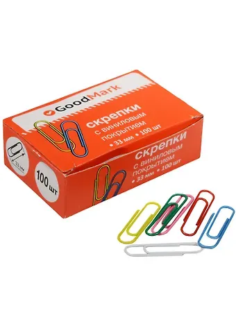 Скрепки 33мм 100шт ассорти, винил., круглые, к/к, GoodMark