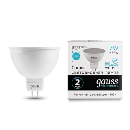 Gauss LED Elementary MR16 GU5.3 7W 4100K 1/10/100 лампа gauss elementary 3 5вт gu5 3 led 300лм 4100k mr16 спот