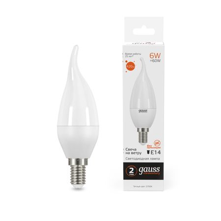 Лампа Gauss LED Elementary Свеча на ветру 6W E14 420lm 3000K 1/10/50 лампа gauss elementary 7вт gu5 3 led 530лм 3000k спот