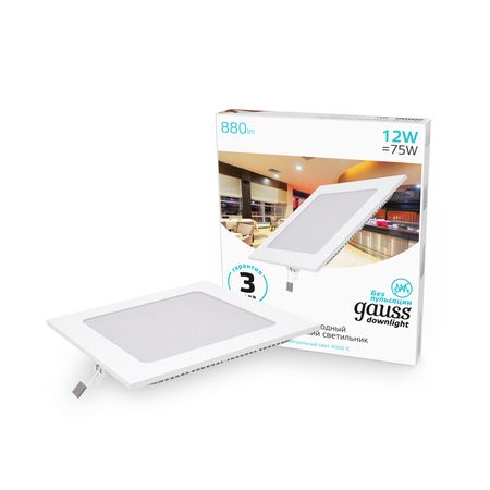Встраиваемый светильник Gauss ультратонкий квадратный IP20 12W,170х170х22, Ø155х155,4100K 880лм 1/20 светильник gauss led tl линейный матовый 15w 4100k