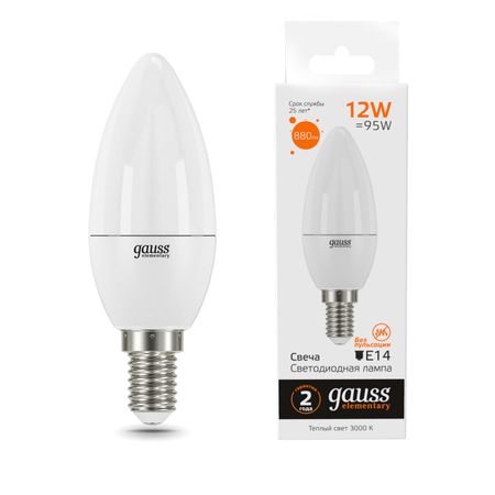 Лампа Gauss LED Elementary Свеча 12W 880lm E14 3000K 1/10/100 лампа gauss elementary 7вт gu5 3 led 530лм 3000k спот