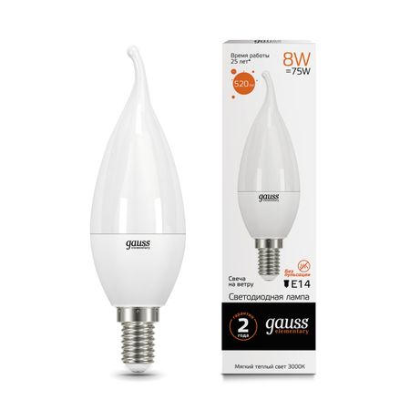 Gauss LED Elementary Candle Tailed 8W E14 3000K 1/10/50
