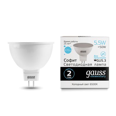 Лампа Gauss LED Elementary MR16 GU5.3 5.5W 470lm 6500К 1/10/100 лампа gauss elementary 3 5вт gu5 3 led 300лм 4100k mr16 спот