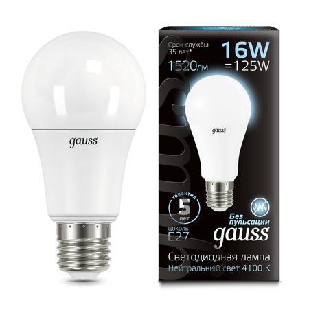 Лампа Gauss LED A60 16W E27 1470lm 4100K 1/10/50