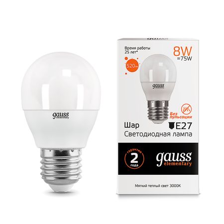 Gauss LED Elementary Globe 8W E27 3000K 1/10/100