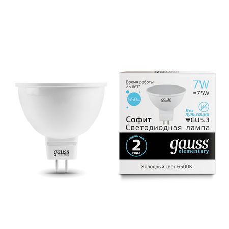Лампа Gauss LED Elementary MR16 GU5.3 7W 6500K лампа gauss elementary 3 5вт gu5 3 led 300лм 4100k mr16 спот