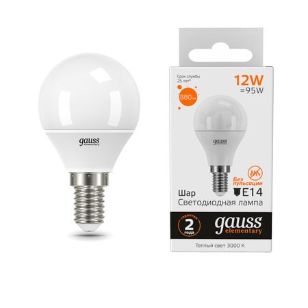 Лампа Gauss LED Elementary Шар 12W 880lm E14 3000K 1/10/100 лампа gauss elementary 7вт gu5 3 led 530лм 3000k спот