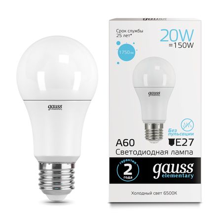 Gauss LED Elementary A60 20W E27 6500K 1/10/40 30000lm canbus h4 светодиодные лампы для фар 9003 hb2 лампада дальнего ближнего света автомобильные фары турбо светодиодные диодные лампы auto 6500k 12v