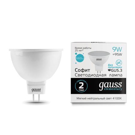 Лампа Gauss LED Elementary MR16 GU5.3 9W 4100K лампа gauss elementary 3 5вт gu5 3 led 300лм 4100k mr16 спот