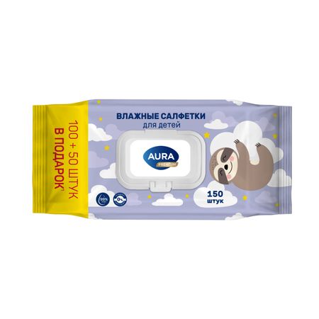 Влажные салфетки AURA PREMIUM для детей big-pack с крышкой 150 шт