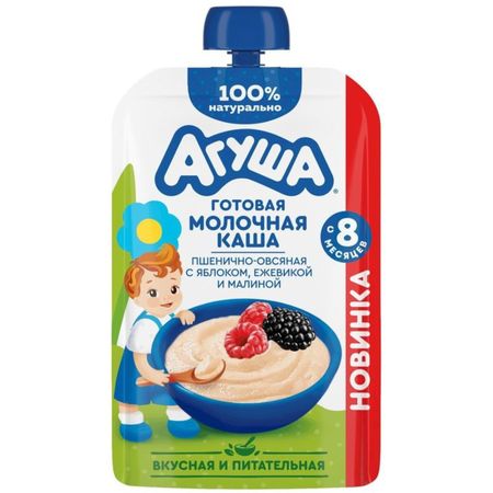 Каша Агуша молочная, пшенично-овсяная, яблоко, ежевика и малина 100 г