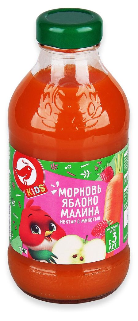 Нектар АШАН Красная птица Kids морковь яблоко малина с мякотью, 330 мл