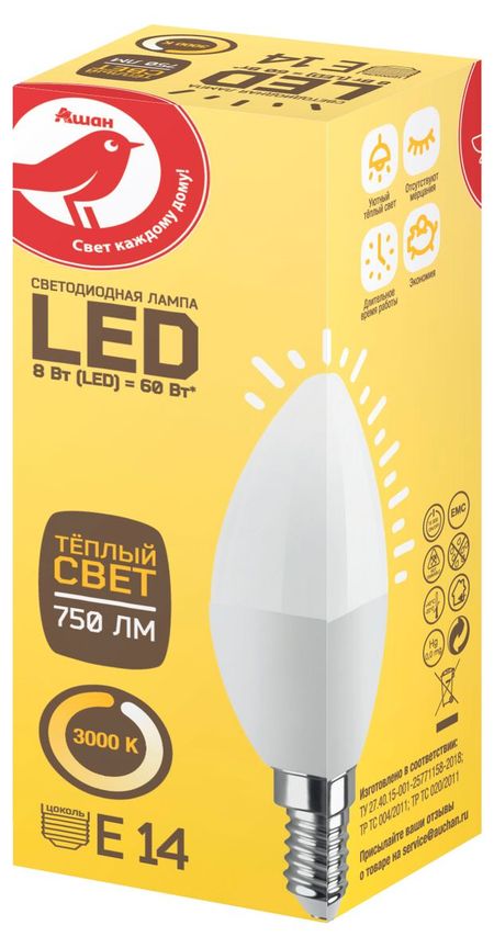 Лампа cветодиодная АШАН Красная птица Свеча 8W Е14 теплый, 1 шт