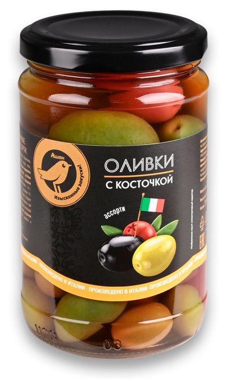 Оливки АШАН Золотая птица с косточкой Италия, 314 мл