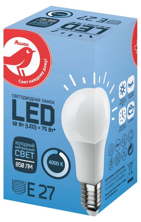 Лампа cветодиодная АШАН Красная птица Груша 10W Е27 холодный нейтральный, 1 шт