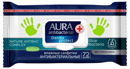 Влажные салфетки Aura с ромашкой антибактериальные, 72 шт