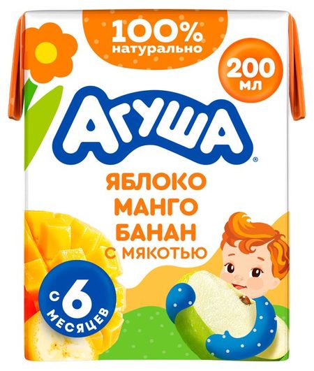 Сок детский Агуша Яблоко-Манго-Банан с мякотью с 6 мес., 200 мл