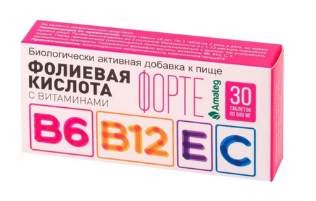 Фолиевая кислота форте Аматег с витаминами В6/В12/С/Е, 30 шт, таблетки
