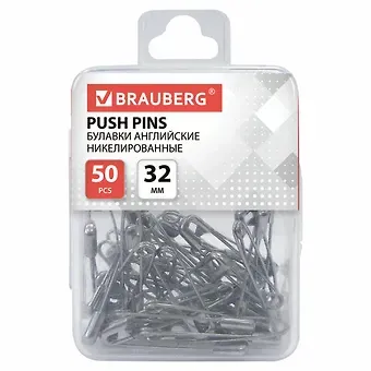 Булавки швейные 50шт 32мм никелированные, пласт.уп. европодвес, BRAUBERG
