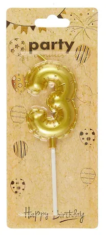 Свеча для торта Цифра 3 Воздушный шар (6см) (золото) (блистер)