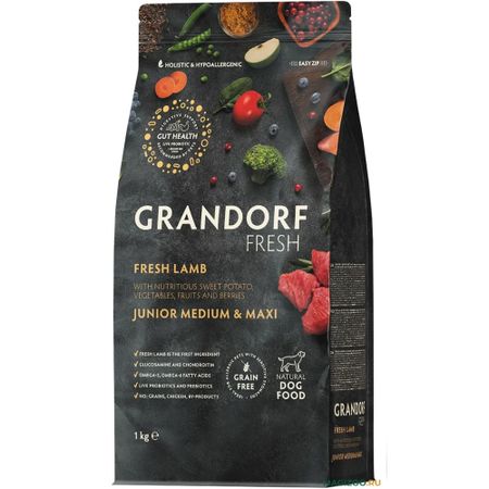 Сухой корм для щенков с 4 месяцев Grandorf Fresh беззерновой с живыми пробиотиками, ягненок и батат 1 кг