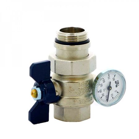 Кран шаровой латунный Tiemme 2120R 1 ВР(г) х 1 НР(ш) бабочка с термометром прямой (2120042/2120B2806R)