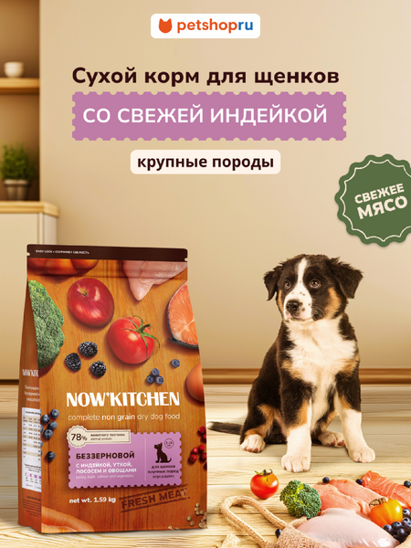 Еда NOW'KITCHEN Fresh беззерновой сухой корм для щенков крупных пород со свежей индейкой, уткой, лососем, Large Puppy Grain-free Recipe, Turkey, Duck, Salmon, 5,44 кг (5.44 кг)
