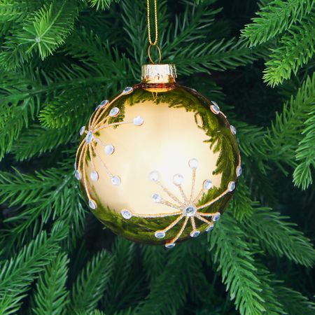 Игрушка ёлочная Yancheng Shiny шар стеклянный золотистый с узором снежинки стразы 8 см