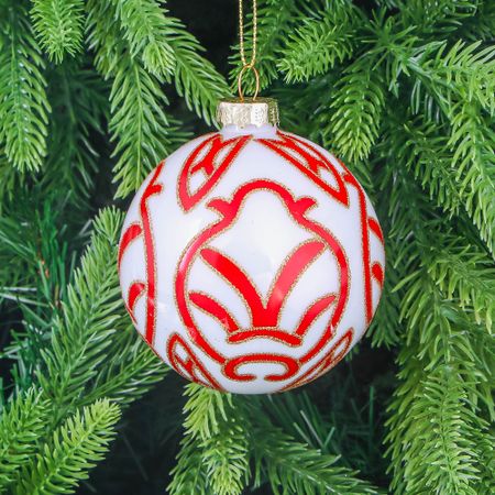 Шар стеклянный Yancheng Shiny молочный с бордовым узором 8 см