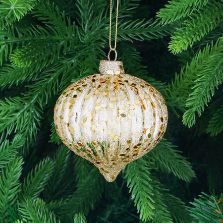 Игрушка ёлочная Yancheng Shiny шар стеклянный золотистый луковица с орнаментом 8 см